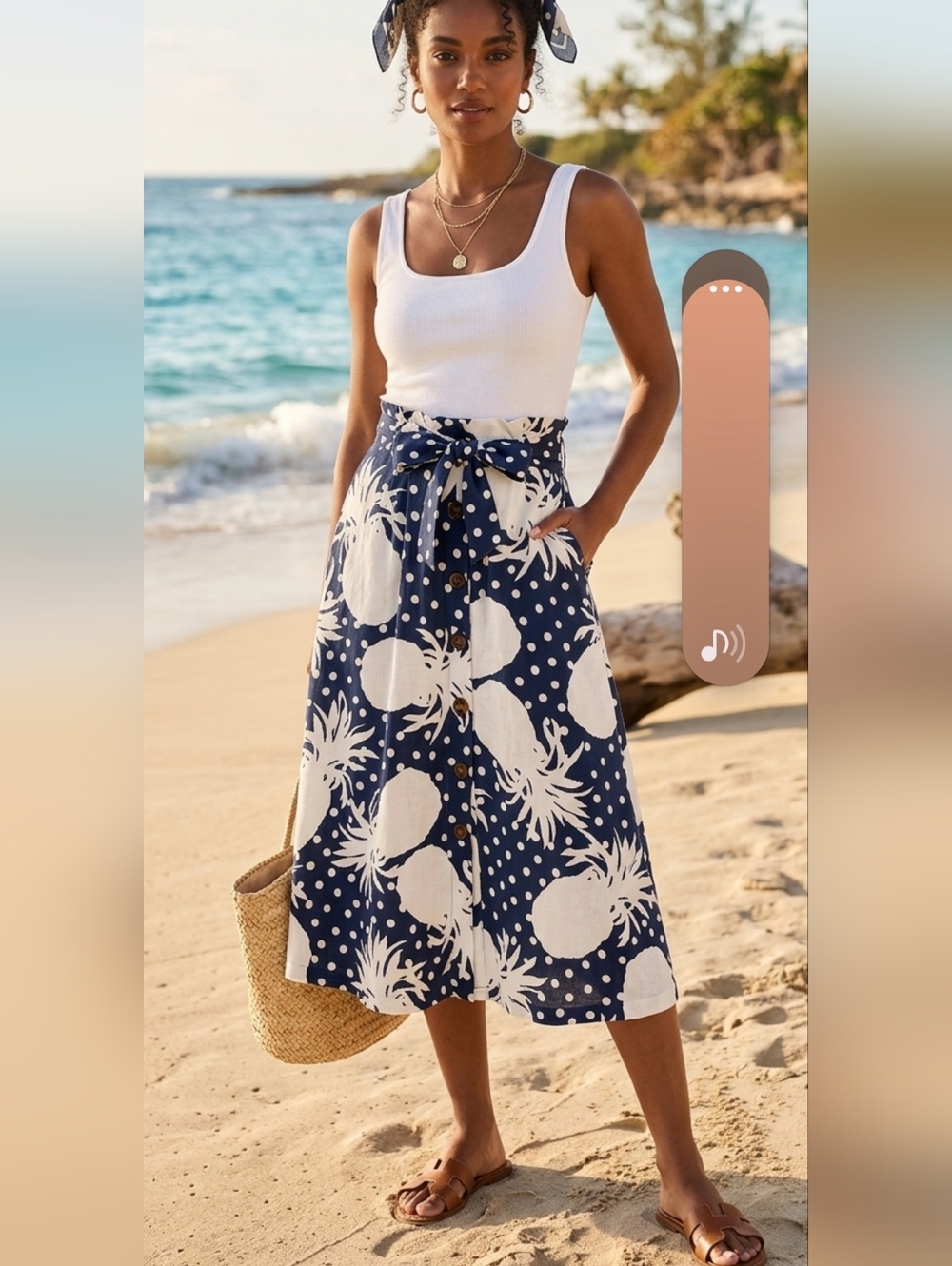 Ann Taylor Navy and White Pineapple Print Skater Skirt with Front Buttons